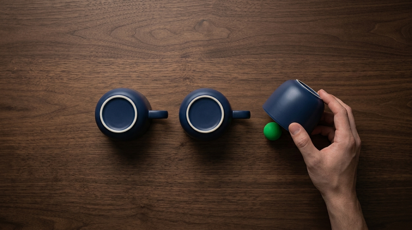 Three identical matte navy-blue upside-down ceramic cups in a clean horizontal row, with one outer cup tilted slightly by a hand entering from the bottom rim to reveal a vibrant green ball beneath in A plain, matte dark-wood tabletop, lit by a soft directional spotlight that brings out the texture
